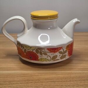 Vintage‎ Teapot White with Orange Floral Design and Yellow Lid Ceramic MCM